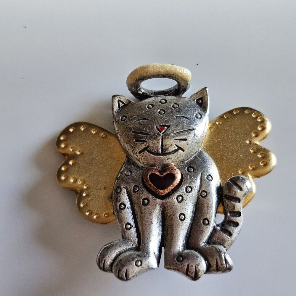 Cat Angel Pin Metal Brooch Vintage AJMC Silver Tone And Gold Tone